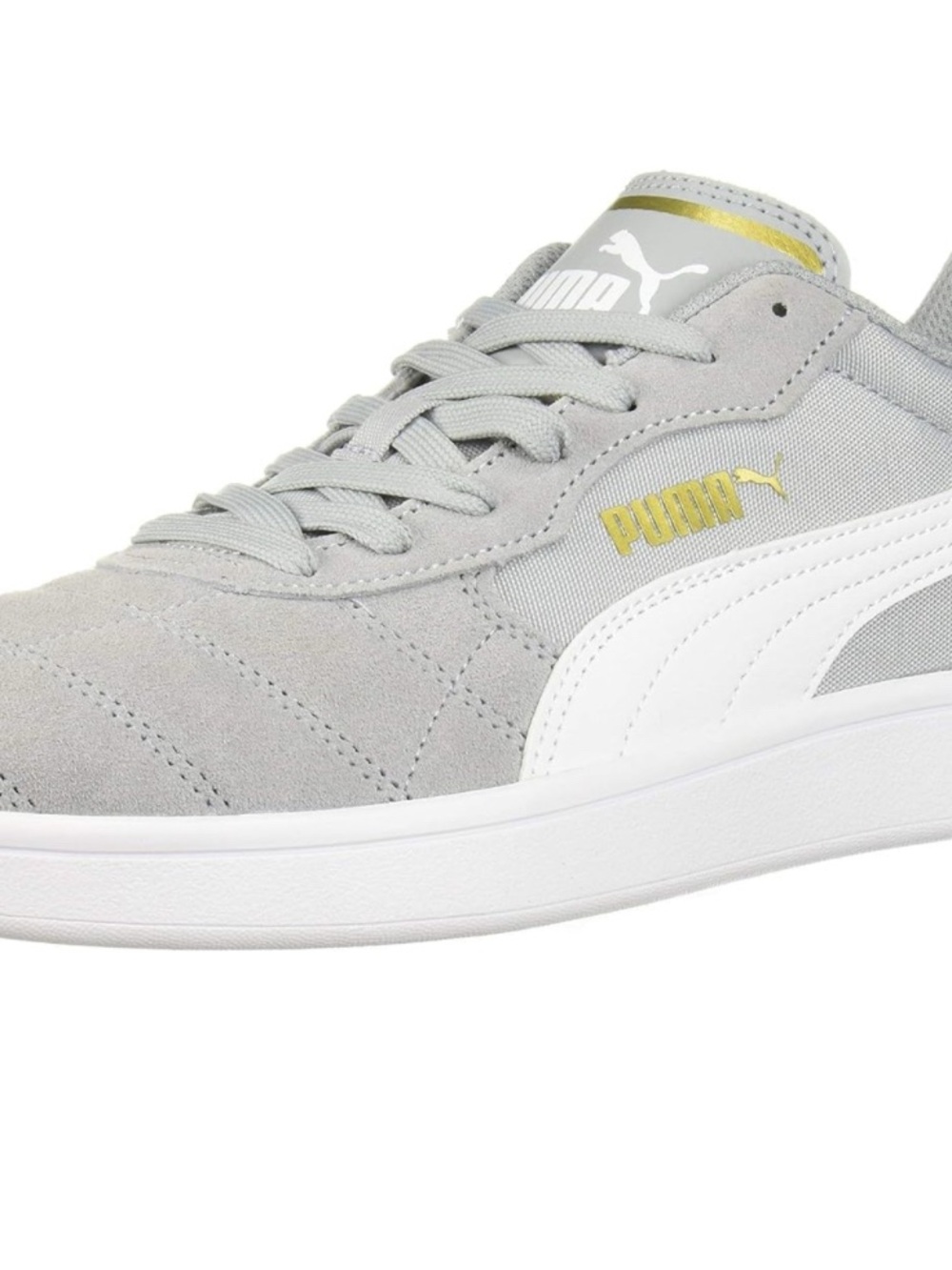 Puma Light Gray & White Suede Low-Top Sneaker with Gold Logo Size 8